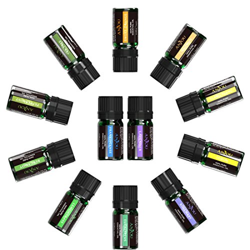 Essential Oils Set, Anjou Top 12 100 Pure Aromatherapy Essential Oil Kit, 12 x 5 ml (Lavender, Sweet Orange, Peppermint, Tea Tree, Eucalyptus, Lemongrass, Bergamot, Frankincense etc.)