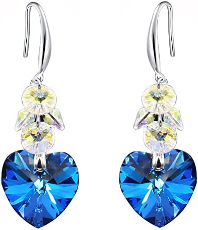 Sea Blue Love Heart French Hook Swarovski Crystals Dangle 925 Sterling Silver Earrings for Women