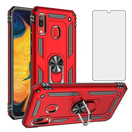 Phone Case for Samsung Galaxy A20/A30/SM-A205F/DS with Tempered Glass Screen Protector Cover and Stand Ring Holder Hard Shockproof Heavy Duty Silicone Rugged Gel Accessories 20 2019 20a Boys Red