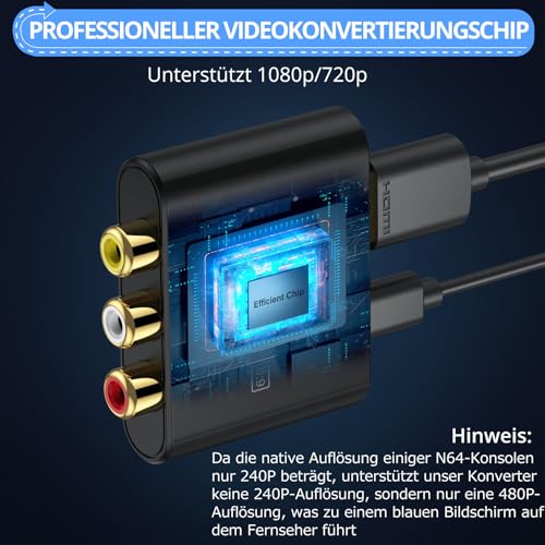 CAMWAY RCA to HDMI Adapter, 16:9/4:3 Conversion 1080P Composite CVBS AV RCA Video Audio Converter with 50 cm HDMI Cable, AV Adapter Supports PAL/NTSC for Wii/PS1/PS2/N64/Xbox/DVD/VCR
