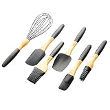 6-Piece Premium Silicone Kitchen Baking Utensils Set With Beechwood Handle, Heat Resistent Flexible Silicone Spatula, Spoon, Balloon Whisk, Basting Brush Set - Removable Design - Black