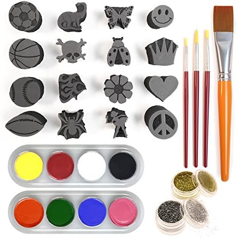 Supreme Face Painting Stamp Set By Keyp Creative - 16 Durable &amp; Reusable Foam Stamps, 4 Brushes, 8 Paints, &amp; 2 Glitters - FDA Compliant &amp; Safe For The Skin - Unisex Stamp Patterns For Boys &amp; Girls