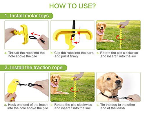 Pecute 3 In 1 Dog Tie Out Cable and Stake, Dog Tug of War Toy Puppy Chew Toys Portable Dog Teething Toy, Tough and Bite-Resistant, Molars, Teeth Cleaning(Yellow, 2m Cable)