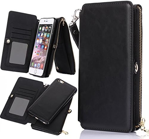 Itrendz PU Leather 12 Card Holder Button Zipper Wallet Detachable Magnetic Hard Case for iPhone 6S Plus/ 6 Plus - Black