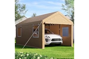 SANWAY 10'x20' Heavy Duty Carport with Removable Sidewalls & Doors, Portable Garage with Roll-up Ventilated Windows, Beige