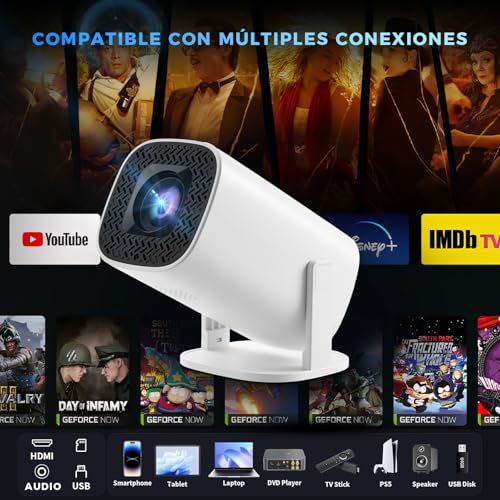 HUSEYTA Mini Proyector Portátil 4K Auto Keystone, Proyector Inteligente 250 ANSI con WiFi 6 y BT 5.4, Android 11.0 Incorporado, Pantalla 150 Pulgadas Compatible con iOS/Android/PC/PS5