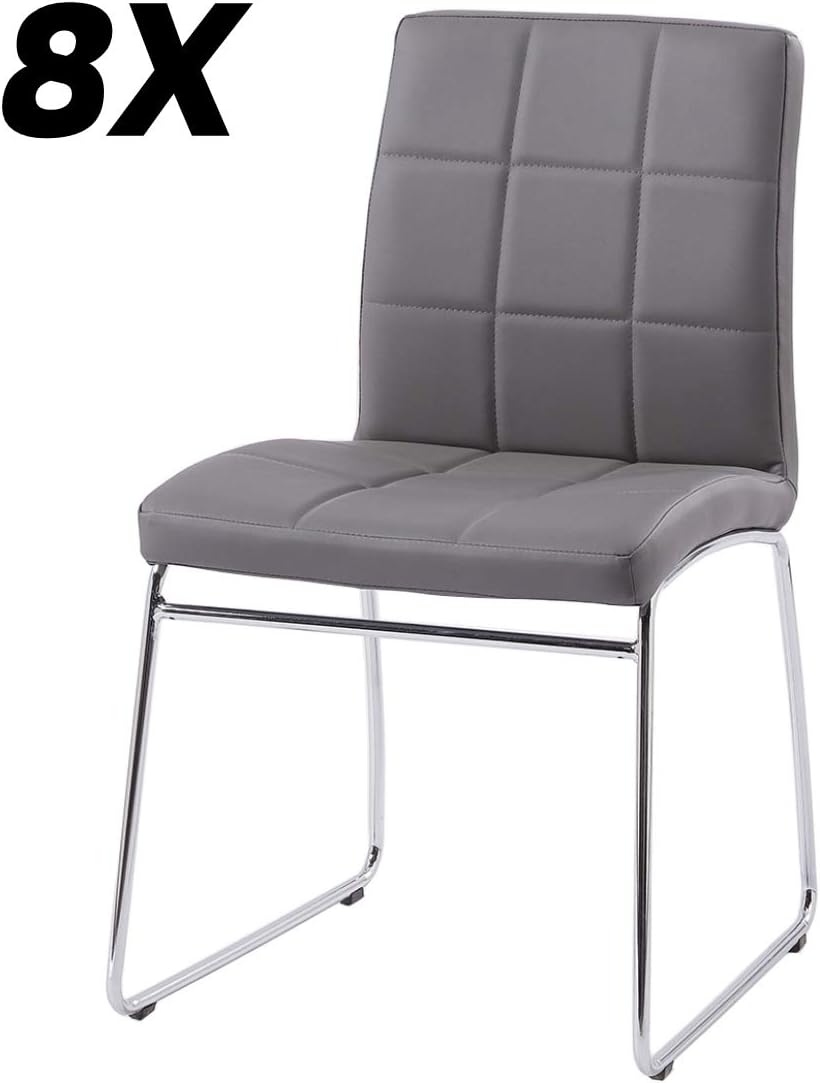 GIZZA Multi Purpose Dining Chairs Faux Leather Upholstered Sled Base Chrome Ergonomic Design Padded Seat Home Kitchen Office Waiting Room Use (Grey, 8 Chairs)