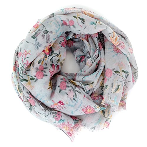 Scarves for Women: Lightweight Cute Bird Floral Fashion shawl by MIMOSITO (Gray Pink Spring)