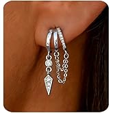 MUMREUES Gold Earrings for Women Trendy 14K Gold Dangle Earrings Small Hoop Huggie Drop Stud Earrings Cubic Zirconia Simple Minimalist Dainty Earrings Chain Tassel Illusion Hypoallergenic Earrings