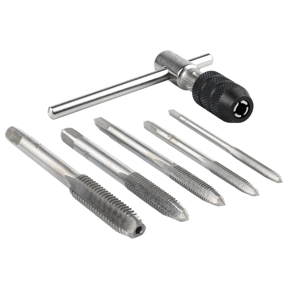 Mesee 6 Pieces T-Handle Tap Wrench Tool Set, Adjustable T-Tap Wrench Holder Metric Plug Thread Taps M3 M4 M5 M6 M8 Machine Screw Taps Metal Hand Tapping Tool for Metal Aluminum Plastic Wood
