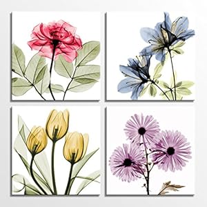 HLJ Tulip Rose Wall Art Painting in Golden Red Vivid Flower Home Wall Floral Canvas Print in 4 Panels (Colorful…