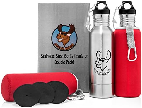 Crazy Moose Stainless Steel Bottle Keepers and Insulator Coolers (Double-pack)|Two Bottle Openers, Red Carrying Cases, and Carabiners Included|Fits Most Standard 12 Ounce Bottles| BPA-Free