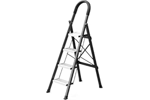 PLEDDANIO 4 Step Ladder Folding Step Stool Lightweight Aluminum Stepladders with Anti-Slip Sturdy Wide Pedal 330lbs Capacity Portable Step Stool for Home Office Kitchen (Black White)
