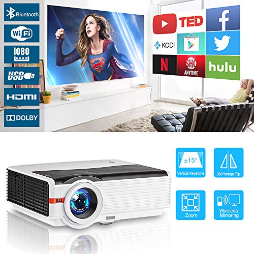 Wireless Bluetooth Projector WiFi Android LCD LED Smart Video Projectors Zoom Home Theater 5000 Lux Support HD 1080P Airplay Dual HDMI USB VGA AV for Smartphone DVD Game Consoles Laptop Outside Movie