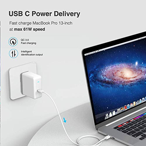 61W USB C Power Adapter, UL Certified USB Type C Wall Charger with Power Delivery Fast Charging USBC Brick for MacBook Pro 13”, MacBook Air, iPad Pro 2018, iPhone XS/Max/XR/X/8/8+ and More