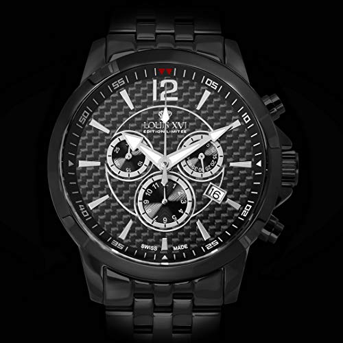 LOUIS-XVI-Herren-Armbanduhr-Athos-Stahlband-Schwarz-Karbon-Chronograph-Analog-Quarz-Edelstahl-802