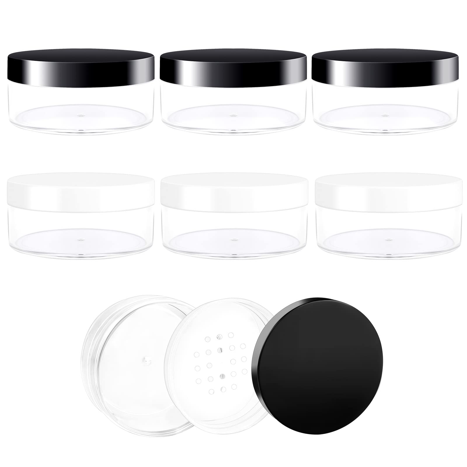 6Pcs Travel Sample Jar Pots 50ml Empty Plastic Cosmetic Jars Portable Small Sample Containers with Sifter Lids Refillable Cosmetic Containers Mini Travel Pots for Home Travel Office (Black White)