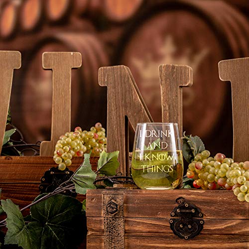 I Drink and I Know Things - Wine Glass, Stemless - 17oz - Engraved- Inspired by Game of Thrones- Drinkware - Novelty gift glasses for Men and Women - Made in USA. Includes free Wine Food Pairing Card - Thumbnail 7