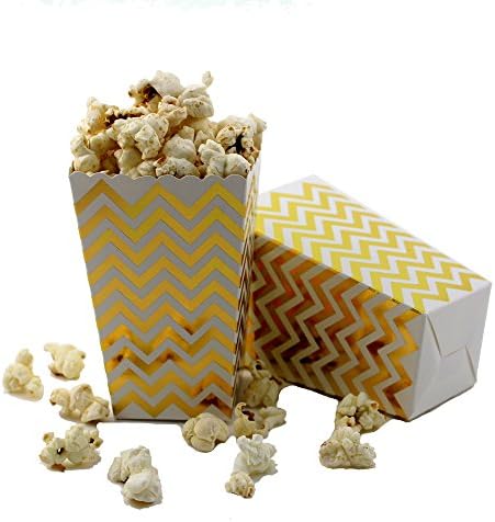 IPALMAY 36 PCS Mini Paper Popcorn Boxes - Treat Boxes - Gift Boxes - Candy Boxes, Family Movie Night Boxes, Gold and White Chevron