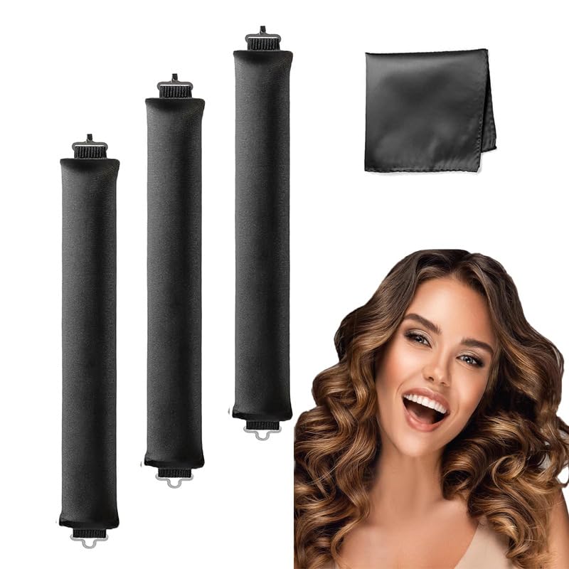 Heatless Overnight Curling Set - Heatless Curling Rods & Rollers for Long & Short Hair - Soft Satin Sleeping Lazy Curler Set with Headband Wrap - DIY Hair Styling Tools (Black, 3 Rod)