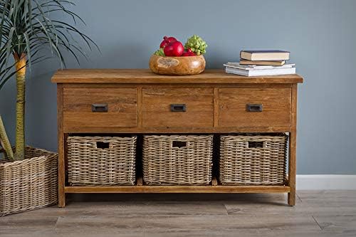 Sustainable Furniture Large Reclaimed Teak Storage Unit with 3 Drawers and 3 Natural Wicker Baskets, Wood, One