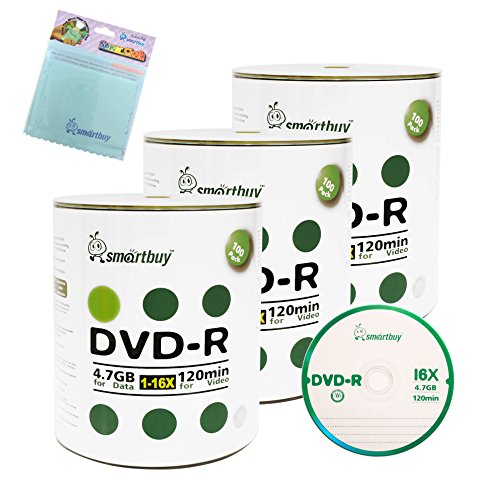 Smartbuy 300-disc 4.7GB/120min 16x DVD-R Logo Top Blank Media Record Disc + Free Micro Fiber Cloth