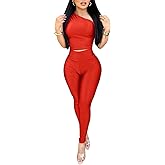Ekaliy 2 Piece Outfits for Women Sexy One Shoulder Crop Top Bodycon Pants Set Clubwear