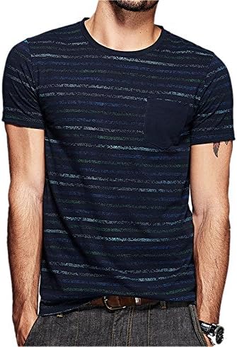 Kuegou Men's Stripes Slim-fit Short T-shirt Fashion Cotton O-neck Shirts For Men (US-L)