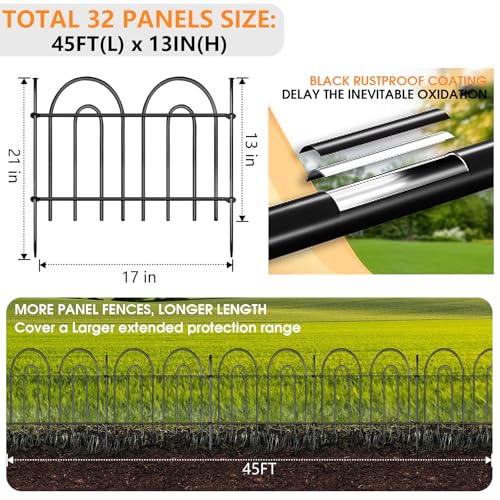 45ft X 13in Animal Barrier Fence, 32 Panels No Dig Fence for Dogs Rabbit, Anti Digging Defense Barrier Garden Edging Border, Rustproof Metal Arched Decorative Garden Fencing for Outdoor, Yard, Lawn