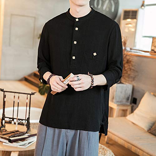 Men Linen and Cotton V Neck 3/4 Sleeve T Shirts Casual Tee Button Henley Shirts Summer Beach Top Blouse Black - Thumbnail 3