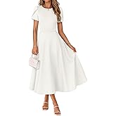 MEROKEETY Women's 2026 Summer Midi Dresses Short Sleeve Crewneck A Line Pleated Wedding Guest Flowy Long Dress with Pockets