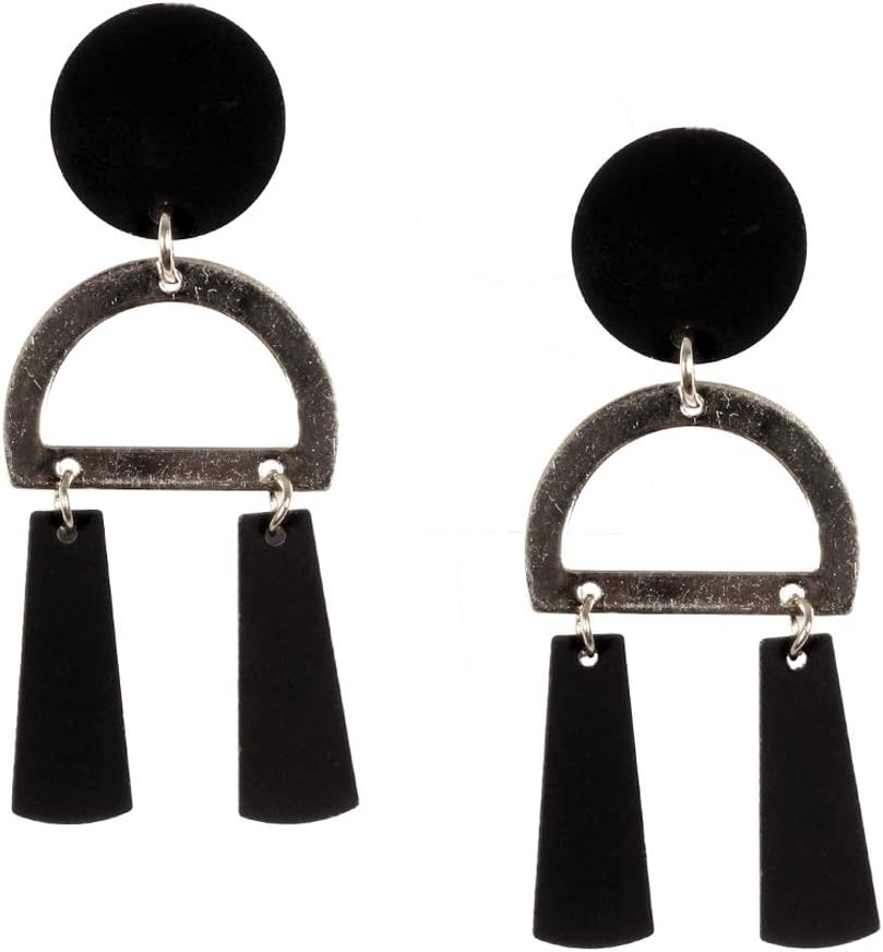 Women's Black Geometric Play Metallic Silver Earrings