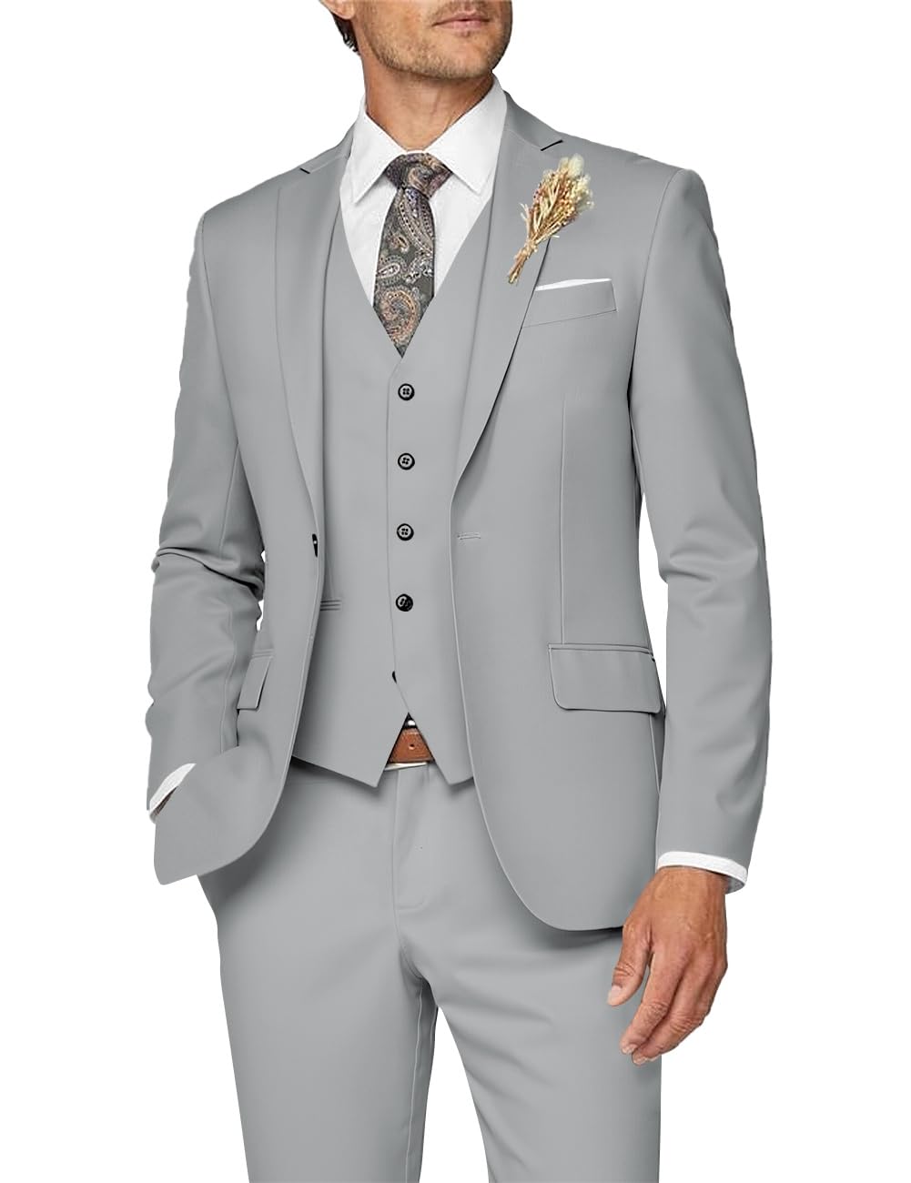 Photo 1 of Wangyue Men 3 Piece Suit Silver Suits for Men Dinner Party Tuxedo Wedding Suit Groom Groosman, L