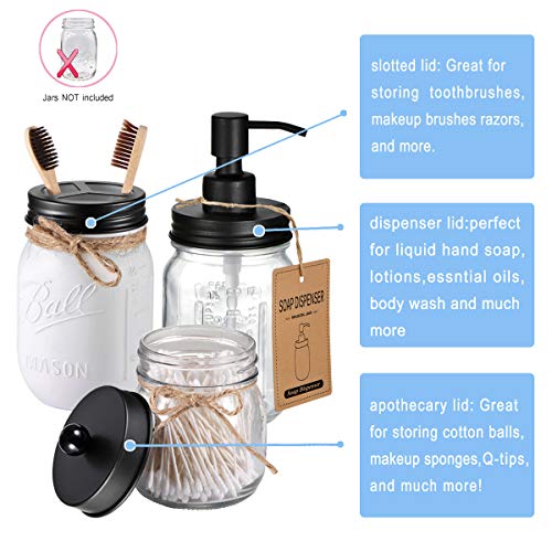 Mason Jar Bathroom Accessories Lids Set(4pcs) - Jars Not Included - Soap Dispenser,Toothbrush Holder,and Apothecary Storage Jars Lids for Regular Mouth Mason Jars - Rustproof Stainless Steelï¼ŒBlack