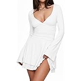 eoeoo Women's Sexy V Neck Ruffle Hem Mini Dress Ruched Waist Long Sleeve Flowy Party Short Dresses