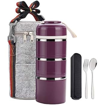 YBOBK HOME Bento Lunch Box Leakproof Stainless Steel Stackable Lunch Box with Bag and Reusable Flatware Set Thermal Food Storage Container for Healthy On-the-Go Meal and Snack Packing (3-Tier, Purple)