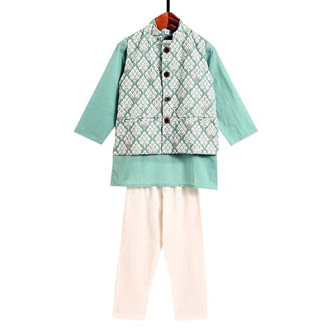 Amber By Hopscotch Boys Cotton Kurta With Floral Jacket And Pajama (Set Of3) in Green Color