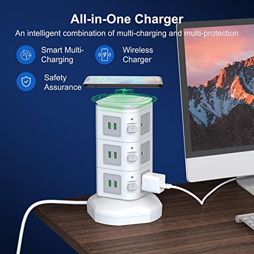 bedee Tower Extension Lead, Surge Protector Extension Lead with 6 USB Slots and 9 Outlet Plugs, Power Strip Tower with 10W Fast Wireless Charger, 6.5ft Extension Cord