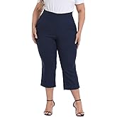 HDE Plus Size Pull On Capri Pants for Women with Pockets Elastic Waist Commuter Travel Casual Work Cropped Pants with Cuff