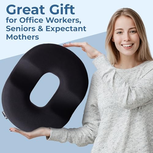 5 STARS UNITED Donut Cushion – Large Memory Foam Pillow with Cooling Gel – Tailbone & Coccyx Support – Hemorrhoid-Friendly Ring Shape – Office Chair, Car, Desk & Wheelchair – Arctic Black