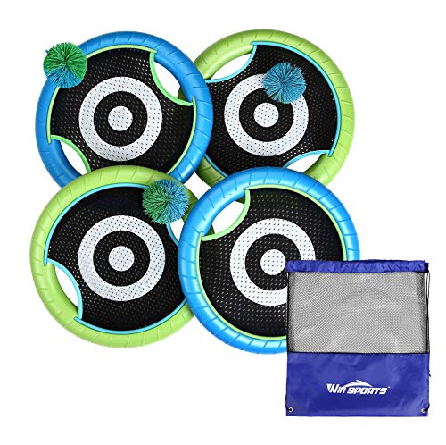 Win SPORTS Deluxe Trampoline Paddle Ball Flying Discs, Super Bounce-Back Family Game Set (4 Paddles & 3 Balls & Storage Bag) (Green) - Thumbnail 7
