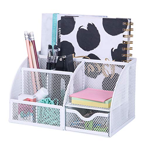 مكتب منظم Exerz شبكي مع 6 مقصورات + درج / مكتب مرتبة حلوى / حامل قلم / منظم متعدد الوظائف (EX348-WHT)