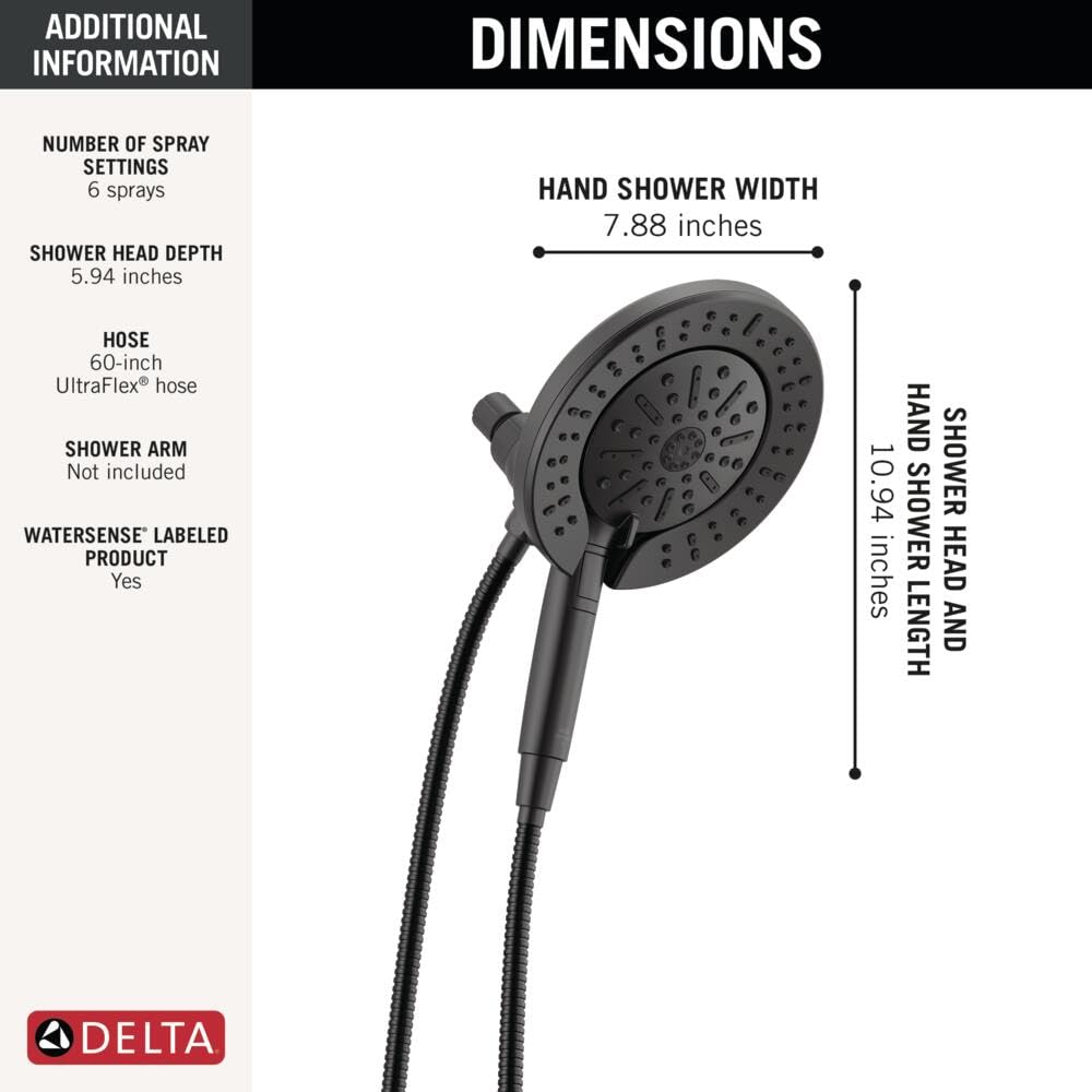 Delta 6-Setting In2ition 2-in-1 Dual Shower Head with Handheld High Pressure ProClean Spray, Matte Black Detachable Shower Head with Hose, 1.75 GPM Flow Rate, Matte Black 75655BL