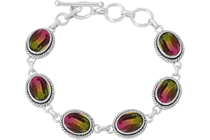 Watermelon Tourmaline Bracelet for Women – Oval Gemstone Link Chain with Silver Overlay – Adjustable Toggle Clasp, Elegant Je