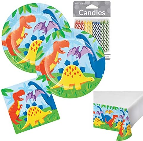 Dinosaur Birthday Party Supplies Plates, Napkins, Tablecover & Candles Dino Party Theme Pack Serves 16 Guests