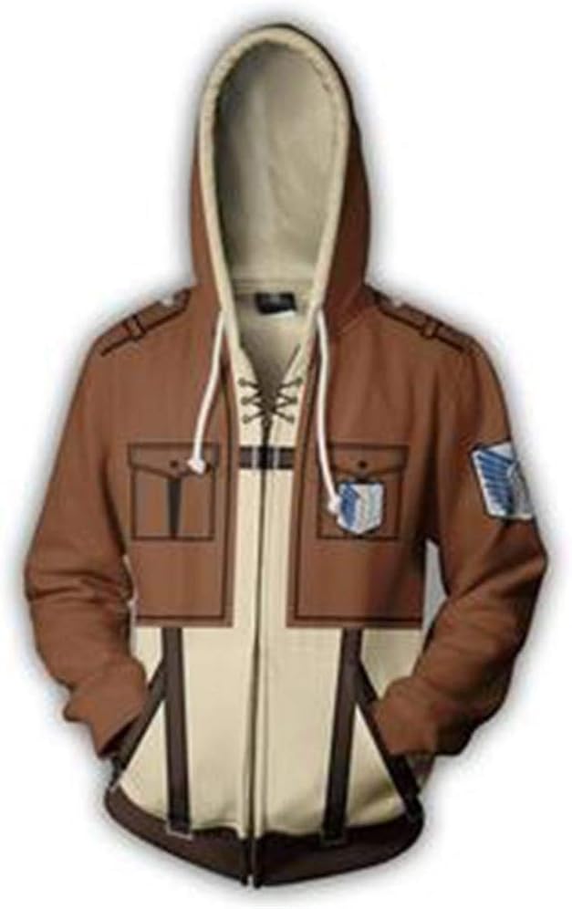 Khaki Anime Attack on Jacket Zip Up Print Long Sleeve Cosplay Costume Pocket Sweater Coats Cotton Unisex