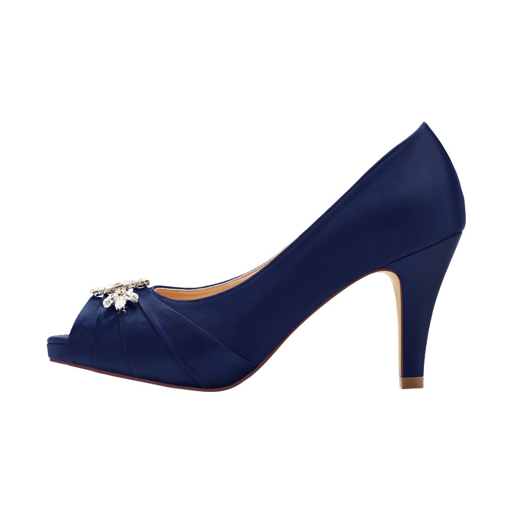 ERIJUNOR Peep Toe Mid Heels for Woman Rhinestones Satin Evening Prom Wedding Shoes - Image 4