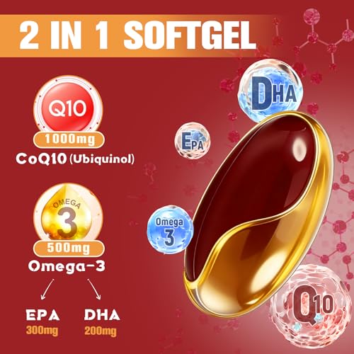 1000mg Liposomal CoQ10 Ubiquinol with Omega-3 Softgels, Advanced Coenzyme Q10 High Strength & Absorption, Naturally Fermented CoQ10 Supplement for Antioxidant, Heart & Energy Support - 120 Count
