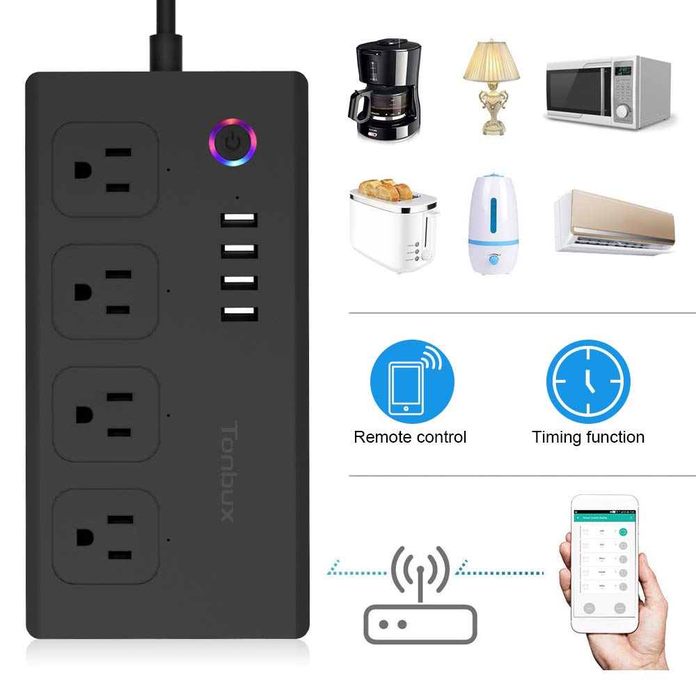 WiFi Smart Power Strip Surge Protector 1700 Joule with Switch 4 Outlets 4 Charge USB Ports and 5-Foot Extension Cord, App Control Your Devices from Anywhere Anytime (Black)