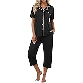 PrinStory Capri Pajamas for Womens Button Down Pjs Short Sleeve Comfy Lounge Set 2 Piece Pj Sets with Pockets